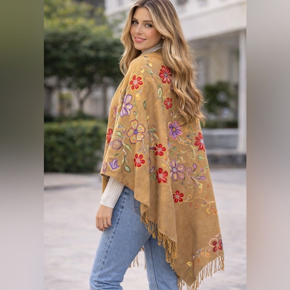 Embroidered Floral Camel Scarf Fringe Wrap Shawl Boho Festival Cape Soft Neutral